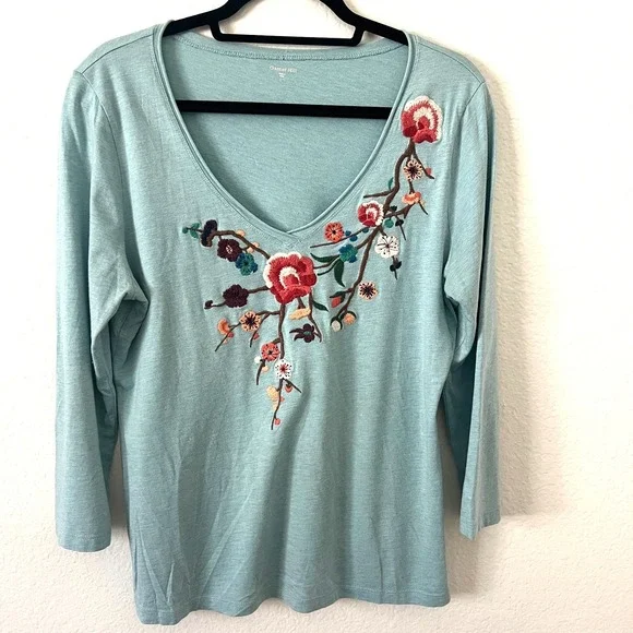 Garnet Hill Sz L Blue Floral Embroidered Top Cotton Modal Boho Cottagecore Artsy - Picture 2 of 11